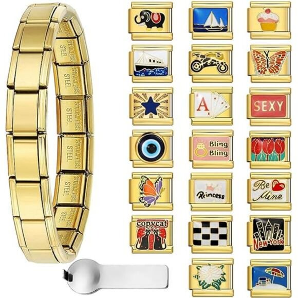 Gold italian charm bracelet set stainless steel 9mm modular link starter kit jew - Picture 7 of 7